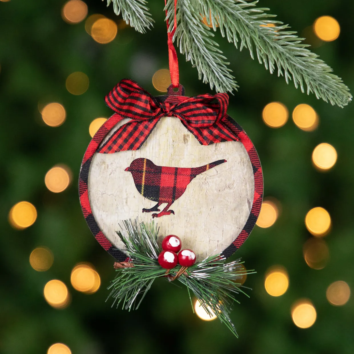 4" Red and Black Plaid Cardinal Disc Christmas Ornament