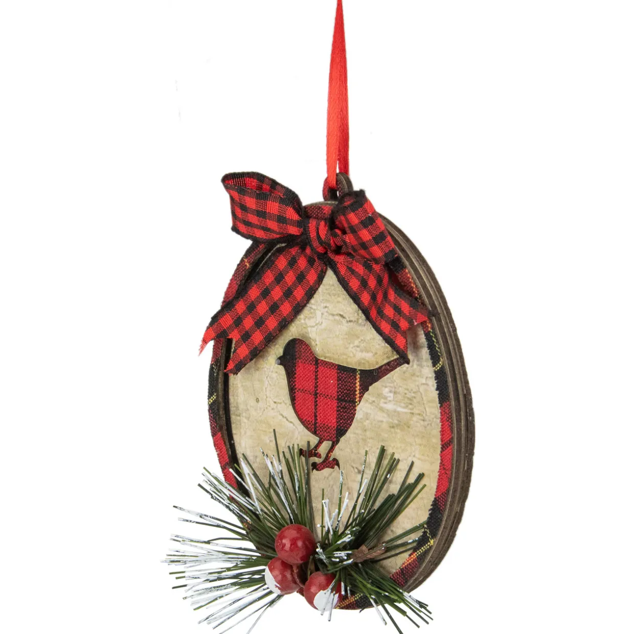 4" Red and Black Plaid Cardinal Disc Christmas Ornament