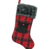 20.5" Red and Black Plaid Christmas Stocking with Pocket and Faux Fur Cuff