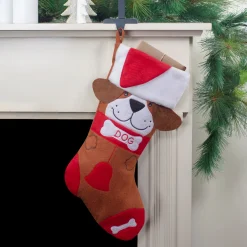 17" Red and Brown "DOG" Embroidered Christmas Stocking with Cuff