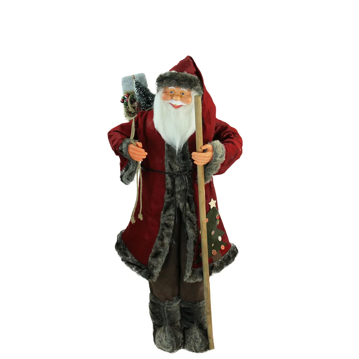 48" Red and Brown Santa Claus with Walking Stick Standing Christmas Figure