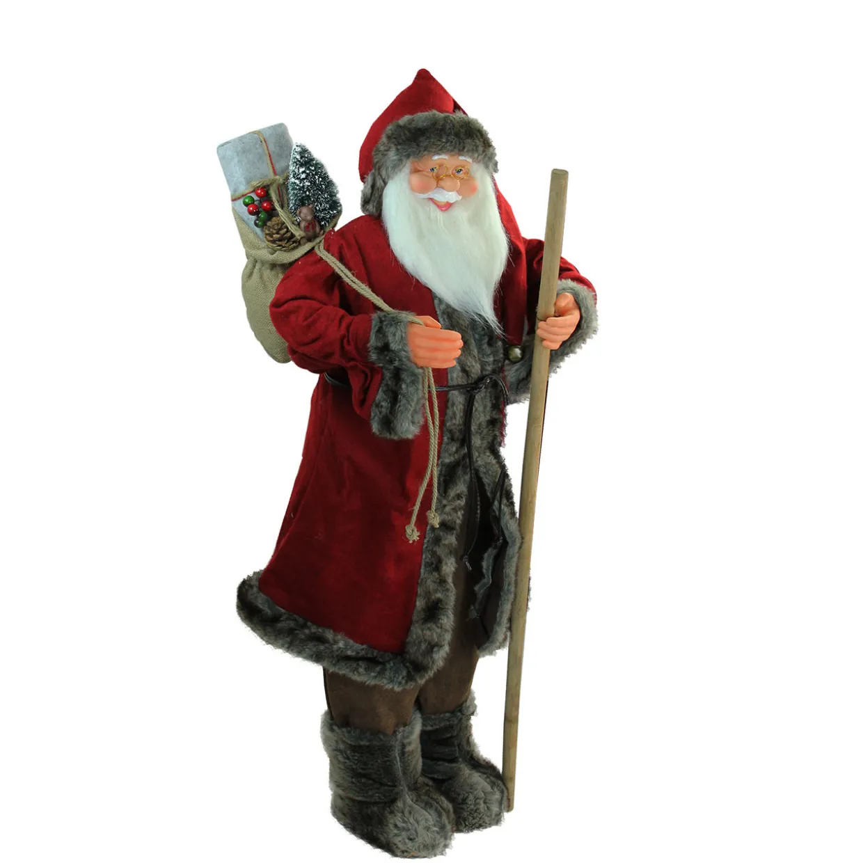 48" Red and Brown Santa Claus with Walking Stick Standing Christmas Figure