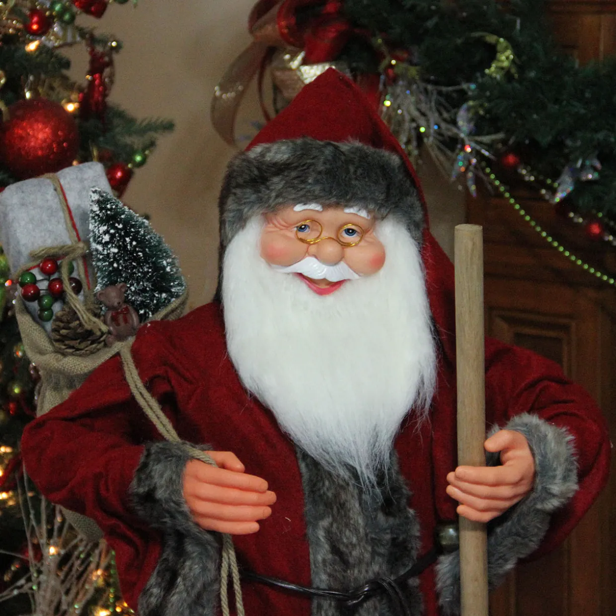 48" Red and Brown Santa Claus with Walking Stick Standing Christmas Figure