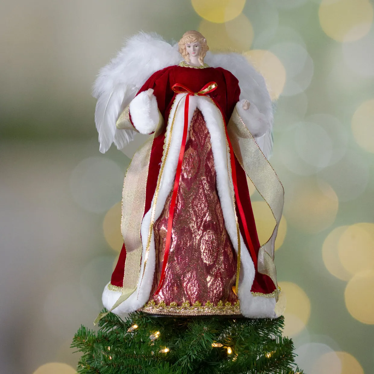 18" Red and Gold Angel in a Dress Christmas Tree Topper - Unlit