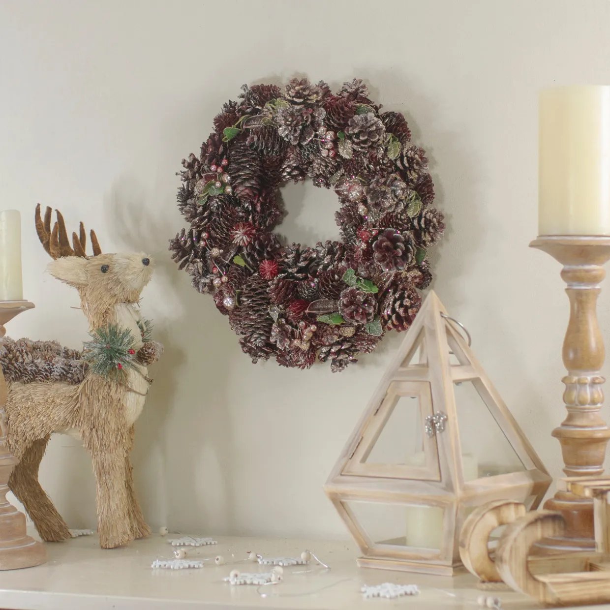 13" Red and Gold Glittered Pine Cone and Berry Christmas Wreath