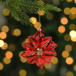 4.5" Red and Gold Glittery Poinsettia Glass Christmas Ornament