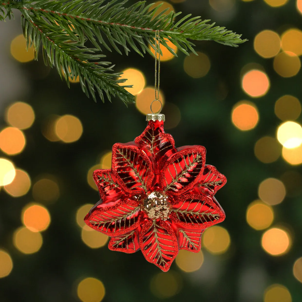 4.5" Red and Gold Glittery Poinsettia Glass Christmas Ornament