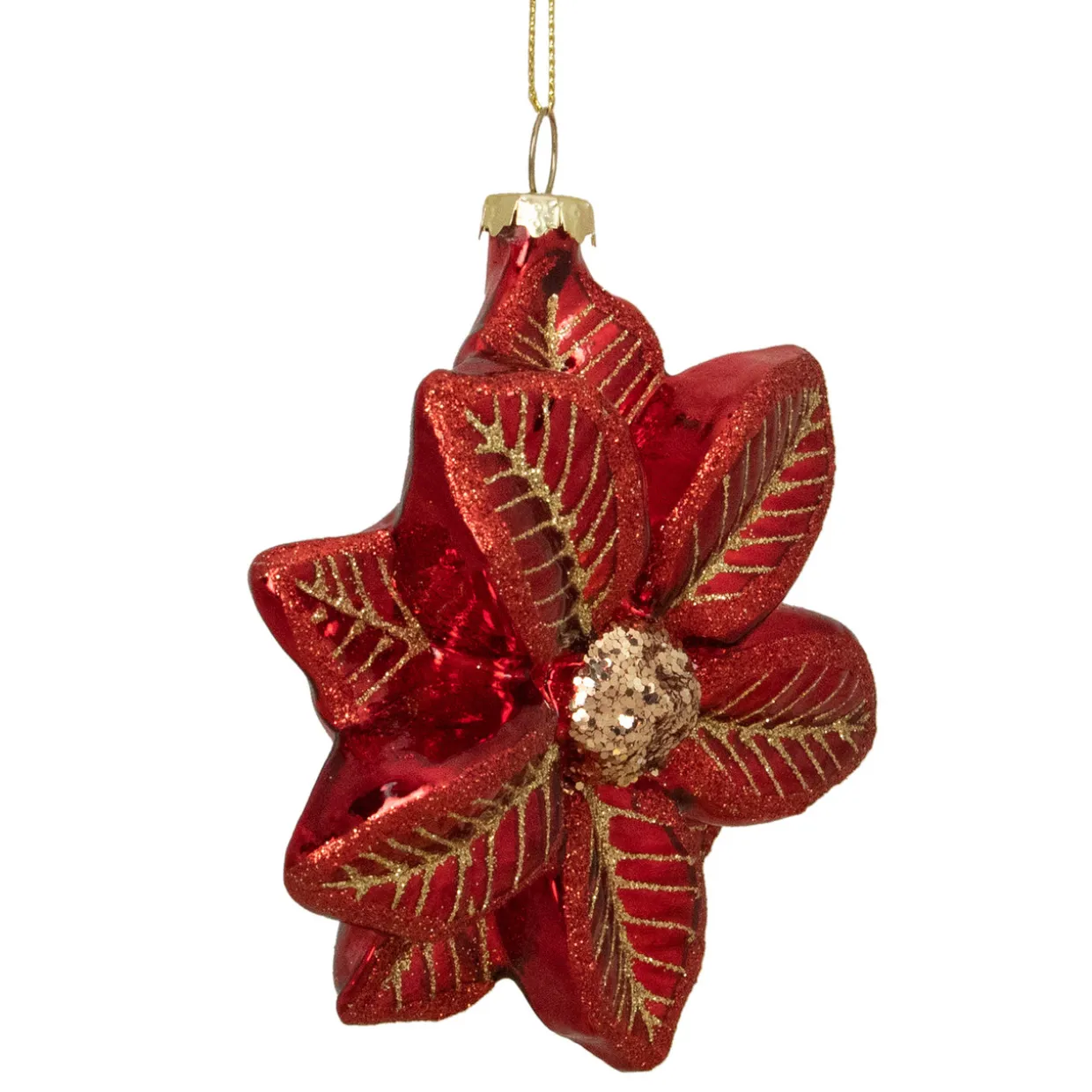 4.5" Red and Gold Glittery Poinsettia Glass Christmas Ornament