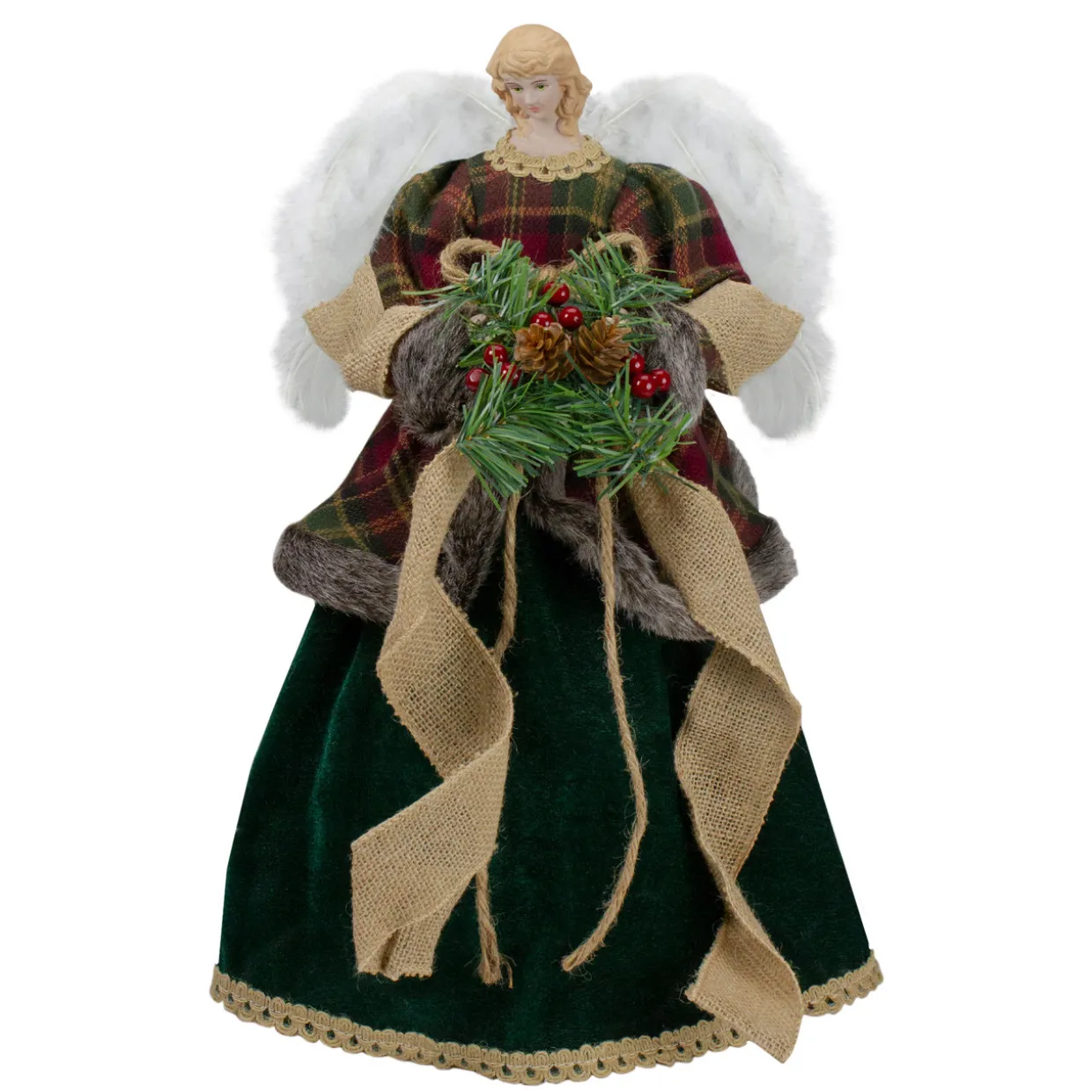 18" Red and Green Angel in a Dress Christmas Tree Topper Accented with Holly Berries - Unlit