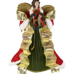 18" Red and Green Angel with Wreath Christmas Tree Topper, Unlit
