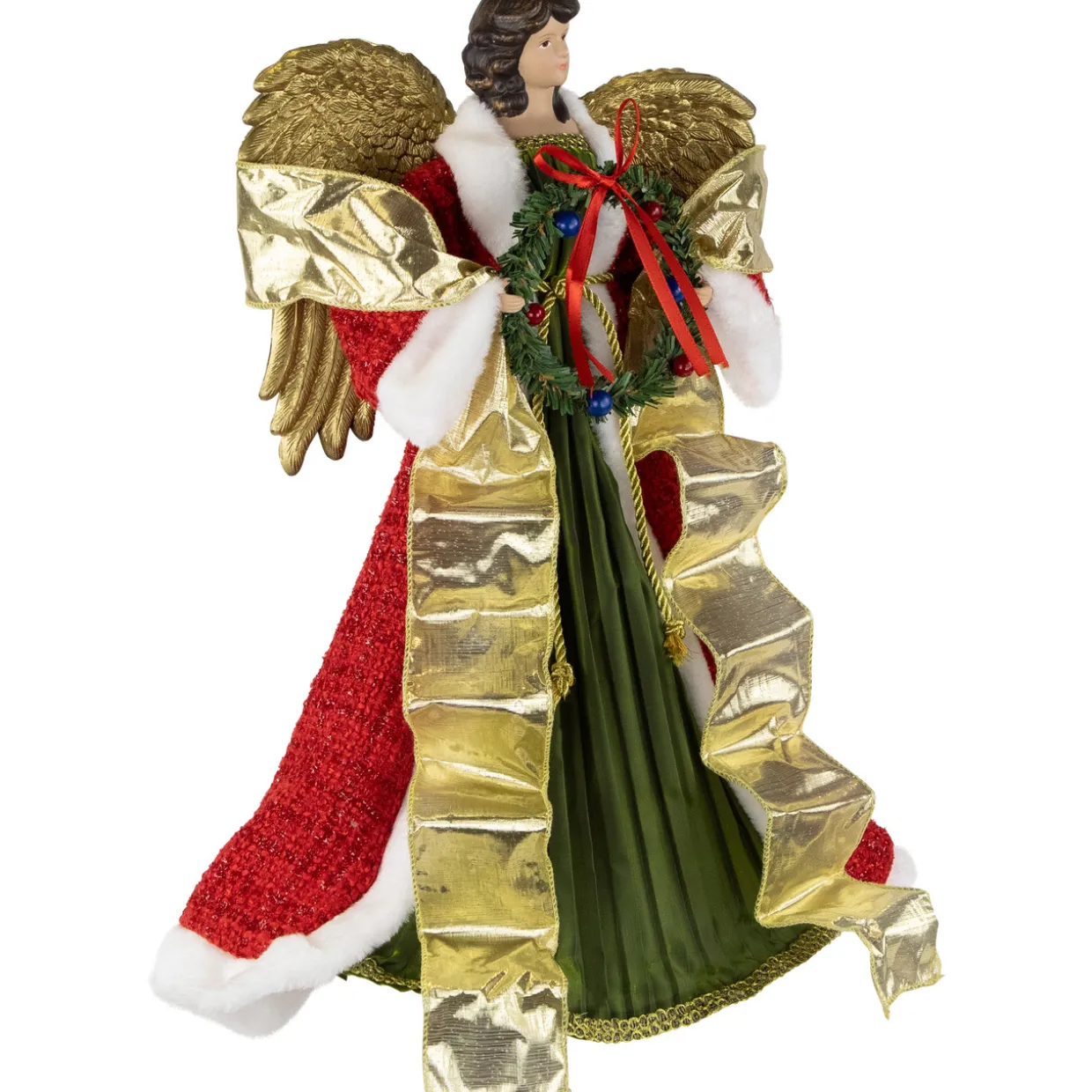 18" Red and Green Angel with Wreath Christmas Tree Topper, Unlit