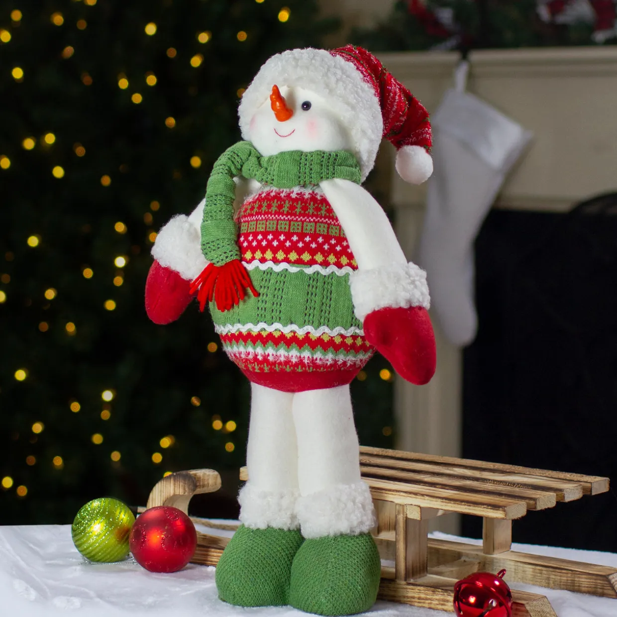 17.5" Red and Green Jolly Plush Snowman Christmas Figure