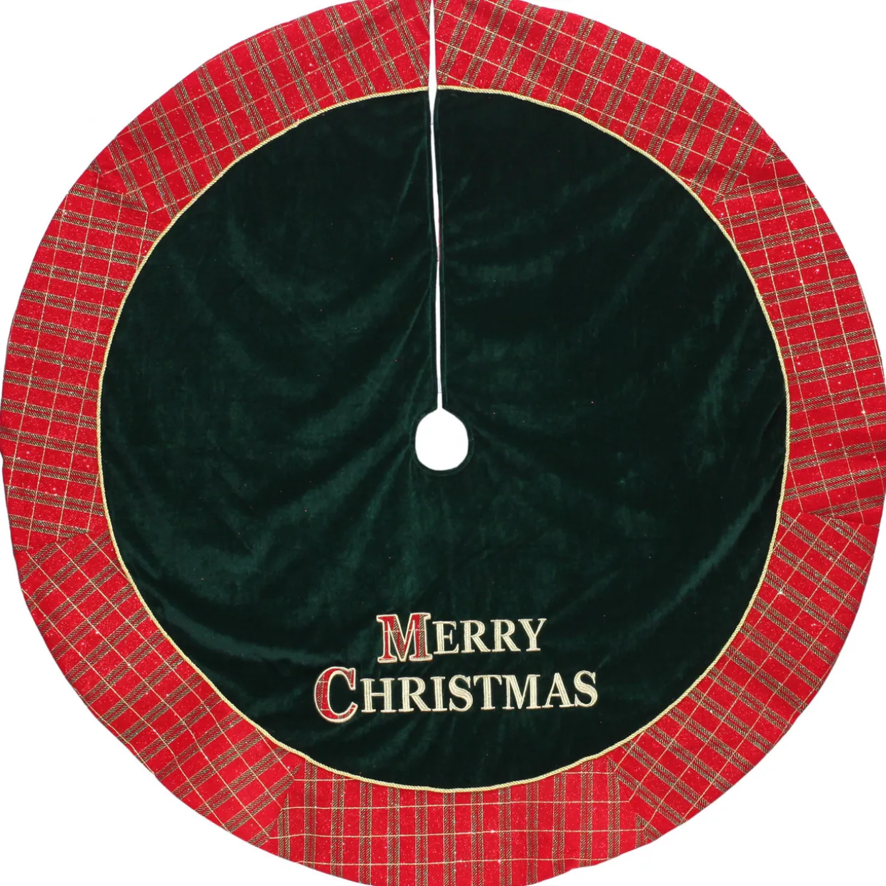 48" Red and Green 'MERRY CHRISTMAS' Plaid Christmas Tree Skirt