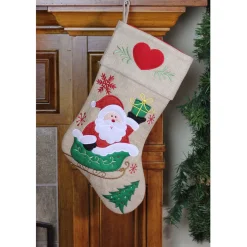 19" Red and Green Santa Claus in Sleigh Embroidered Christmas Stocking