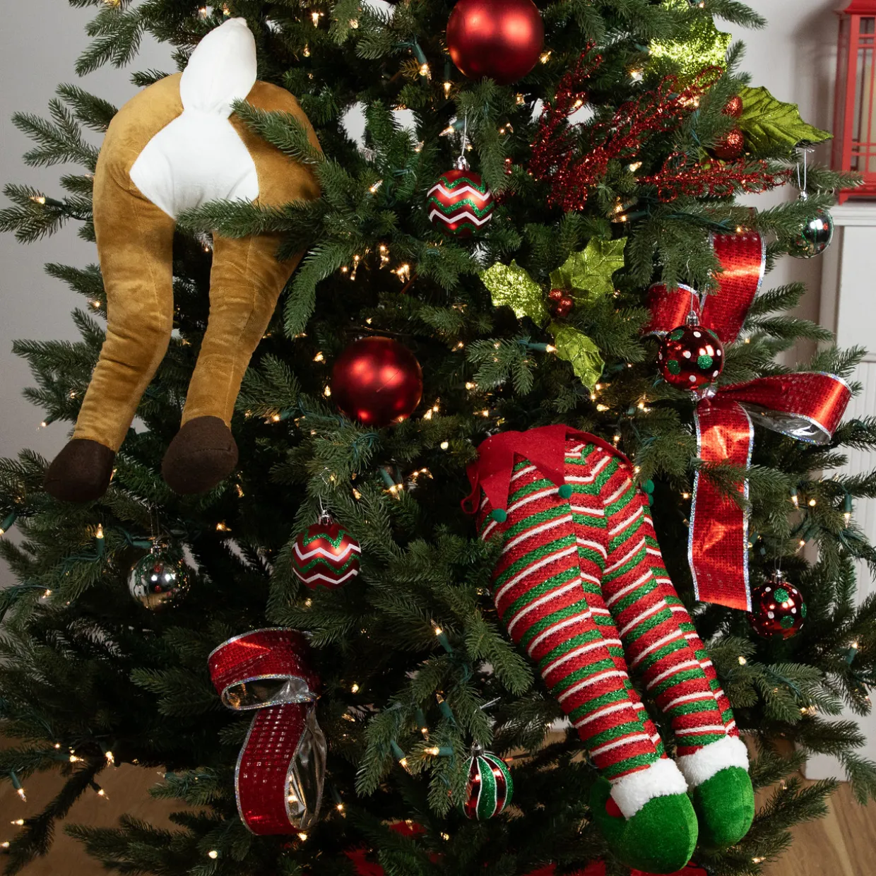 19" Red and Green Striped Elf Legs Christmas Decoration