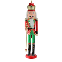 24" Red and Green Wooden Christmas Nutcracker King with Scepter