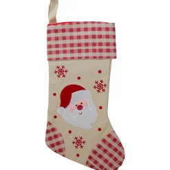 16.5" Red and Ivory Embroidered Santa Claus Christmas Stocking with Gingham Cuff