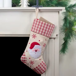16.5" Red and Ivory Embroidered Santa Claus Christmas Stocking with Gingham Cuff
