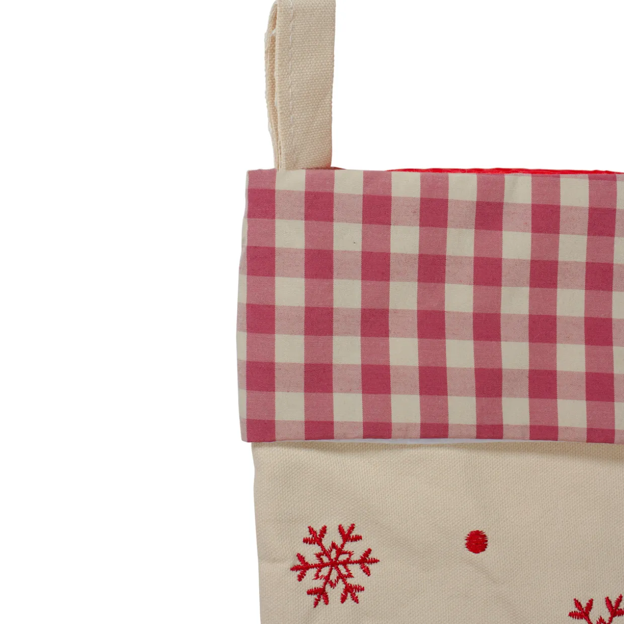 16.5" Red and Ivory Embroidered Santa Claus Christmas Stocking with Gingham Cuff