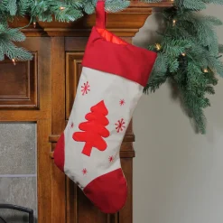 18" Red and Ivory Tree with Snowflakes Christmas Stocking