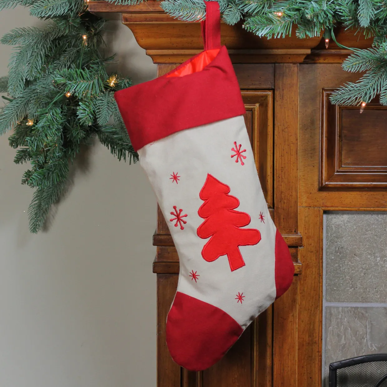 18" Red and Ivory Tree with Snowflakes Christmas Stocking