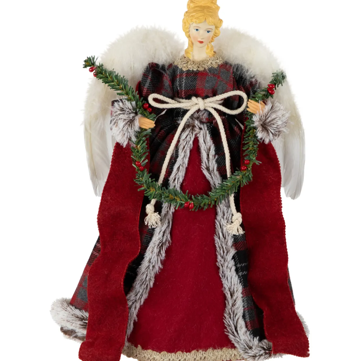 16" Red and Plaid Angel Christmas Tree Topper, Unlit