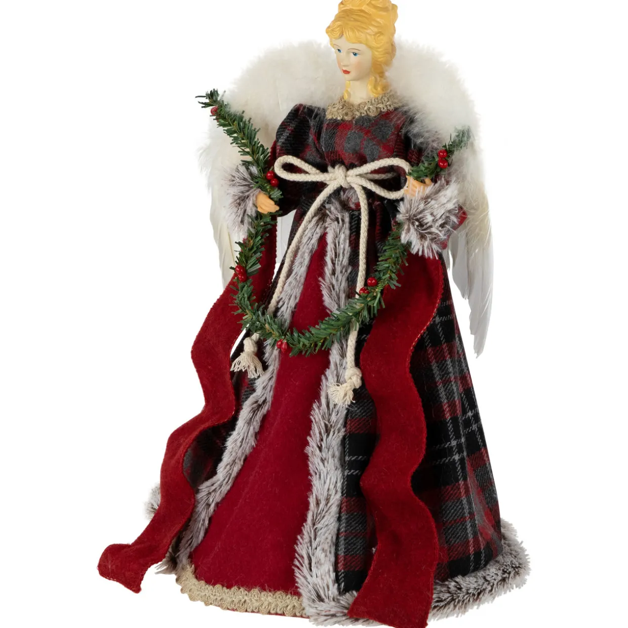 16" Red and Plaid Angel Christmas Tree Topper, Unlit