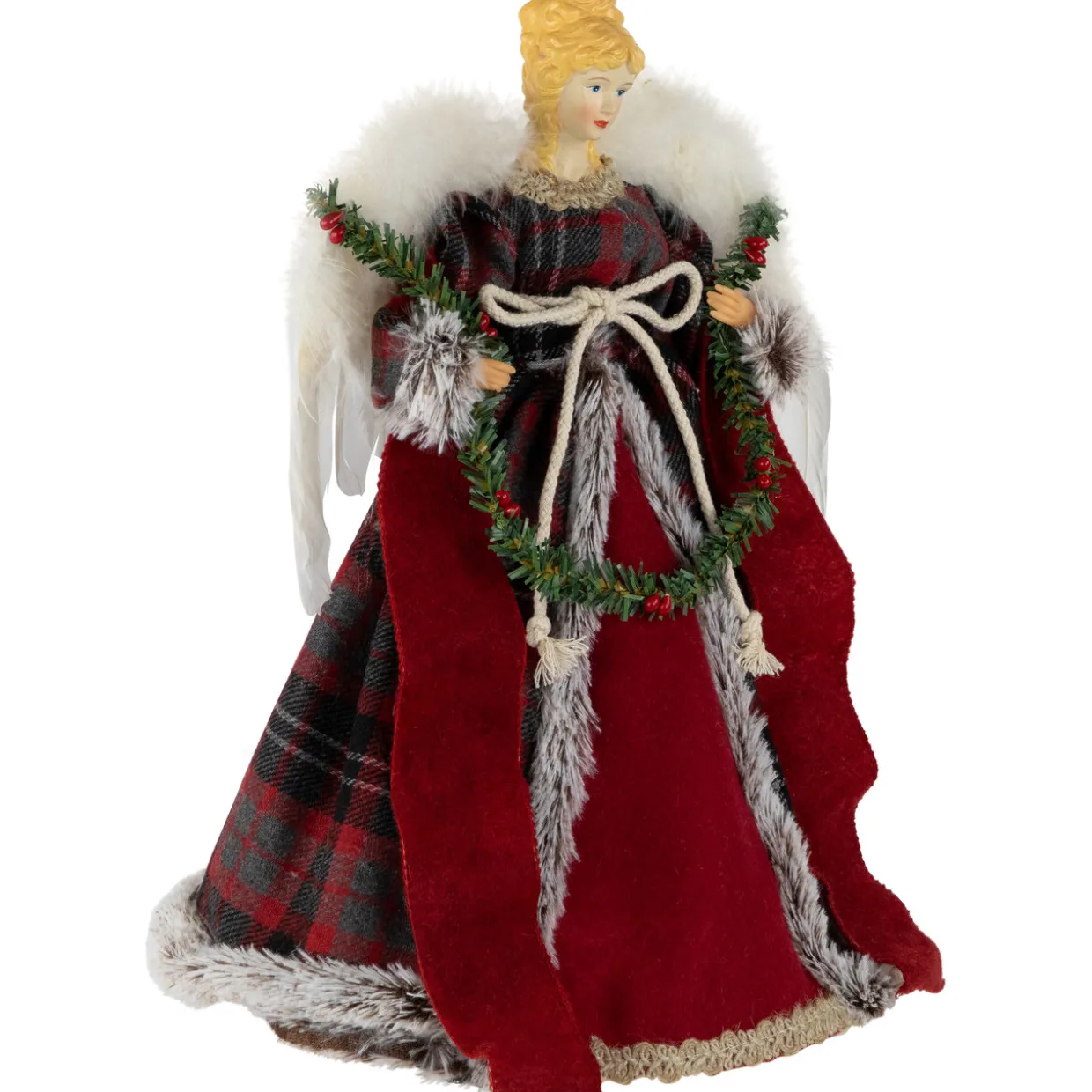 16" Red and Plaid Angel Christmas Tree Topper, Unlit