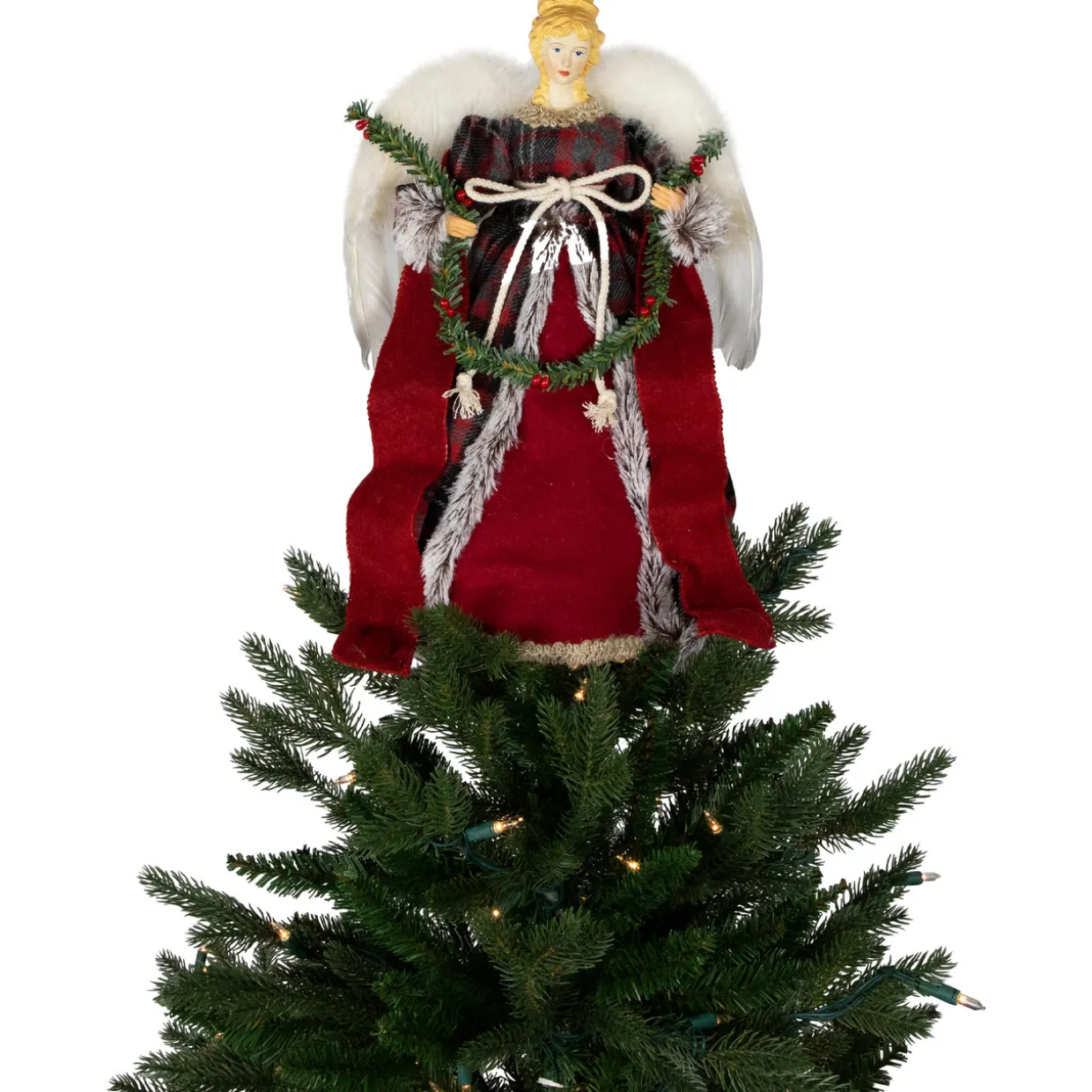 16" Red and Plaid Angel Christmas Tree Topper, Unlit
