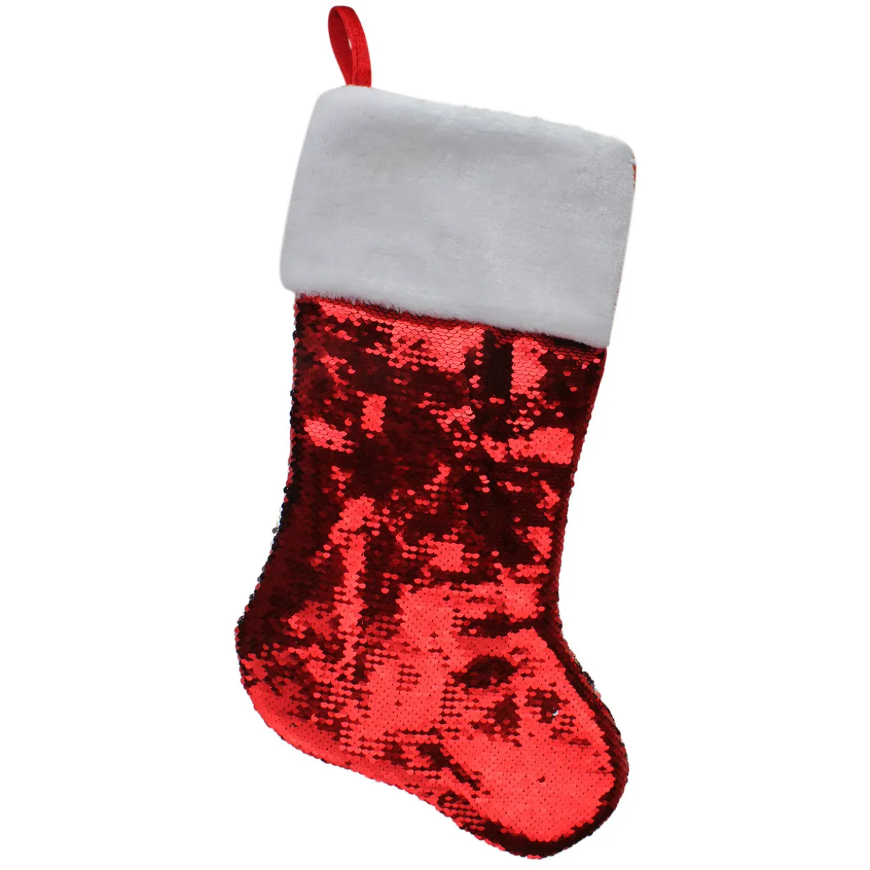 22" Red and Silver Reversible Sequined Christmas Stocking
