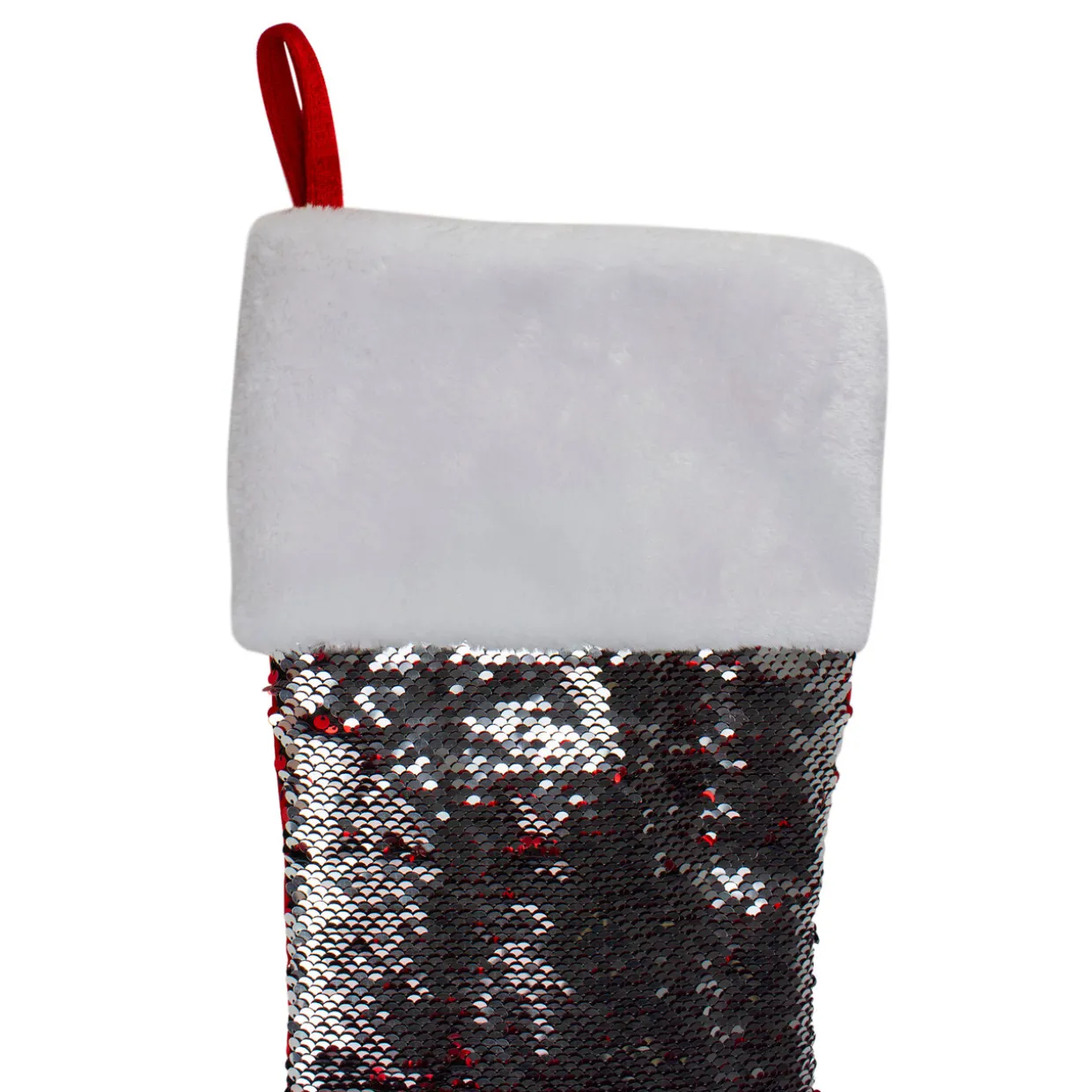 22" Red and Silver Reversible Sequined Christmas Stocking