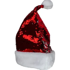 15" Red and Silver Reversible Sequined Christmas Santa Hat with Faux Fur Cuff