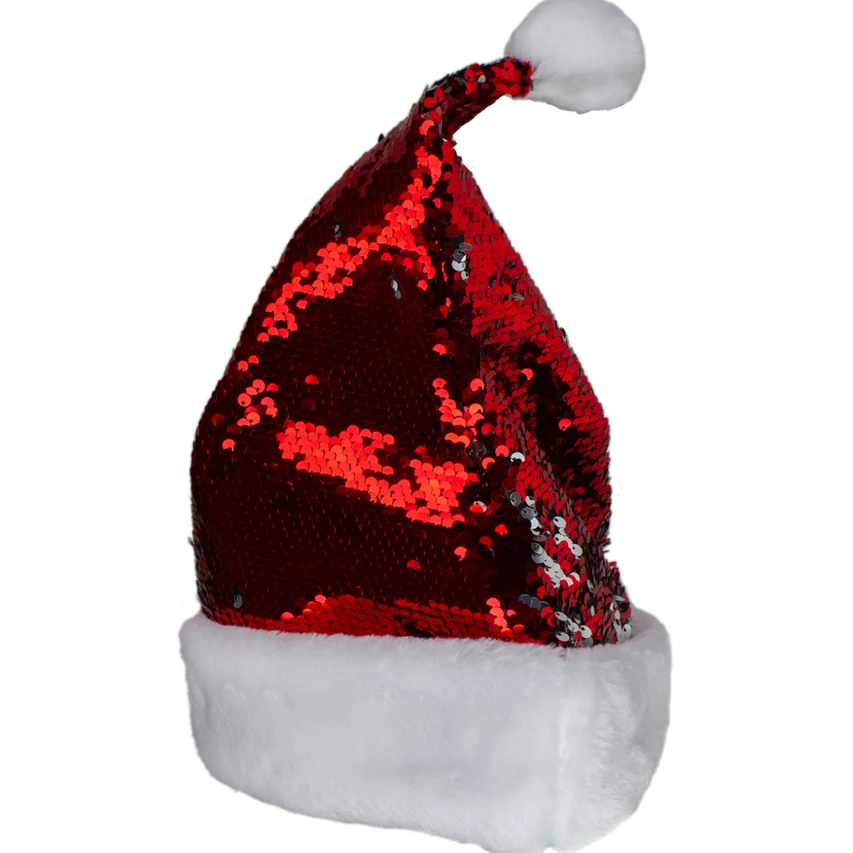 15" Red and Silver Reversible Sequined Christmas Santa Hat with Faux Fur Cuff