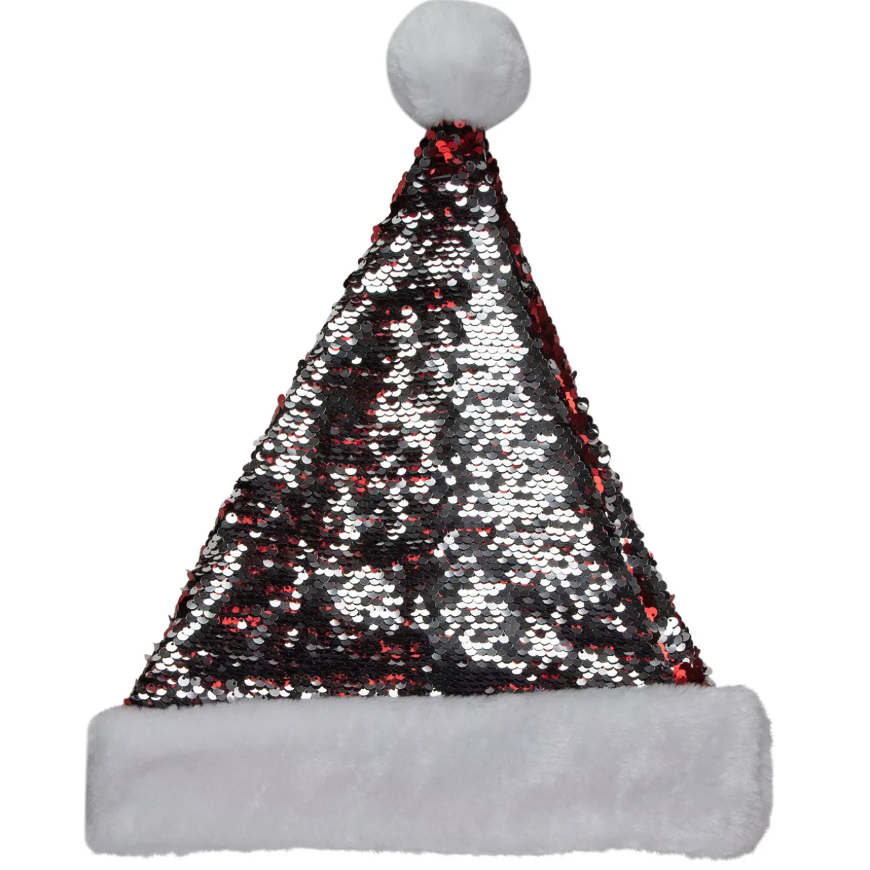 15" Red and Silver Reversible Sequined Christmas Santa Hat with Faux Fur Cuff