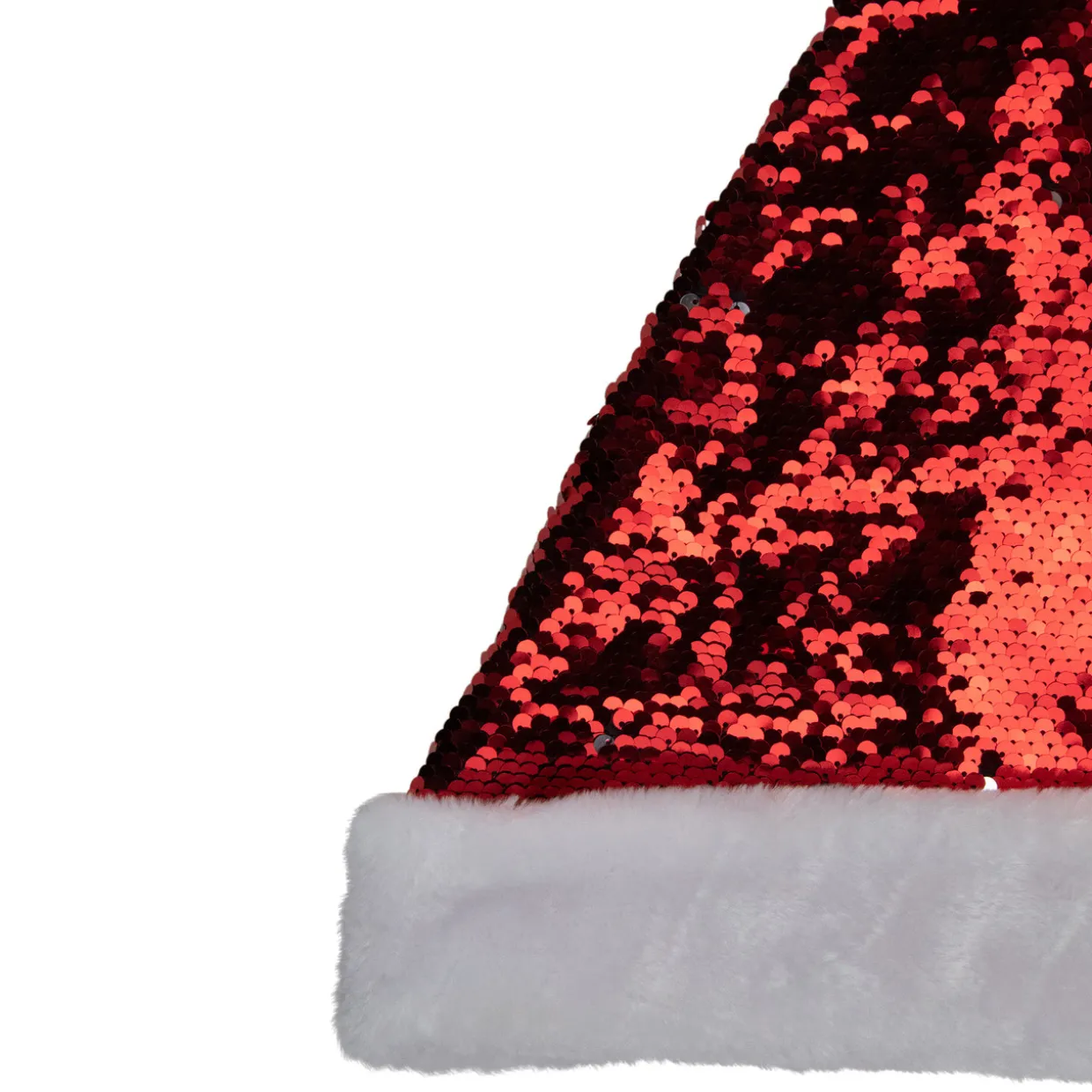 15" Red and Silver Reversible Sequined Christmas Santa Hat with Faux Fur Cuff
