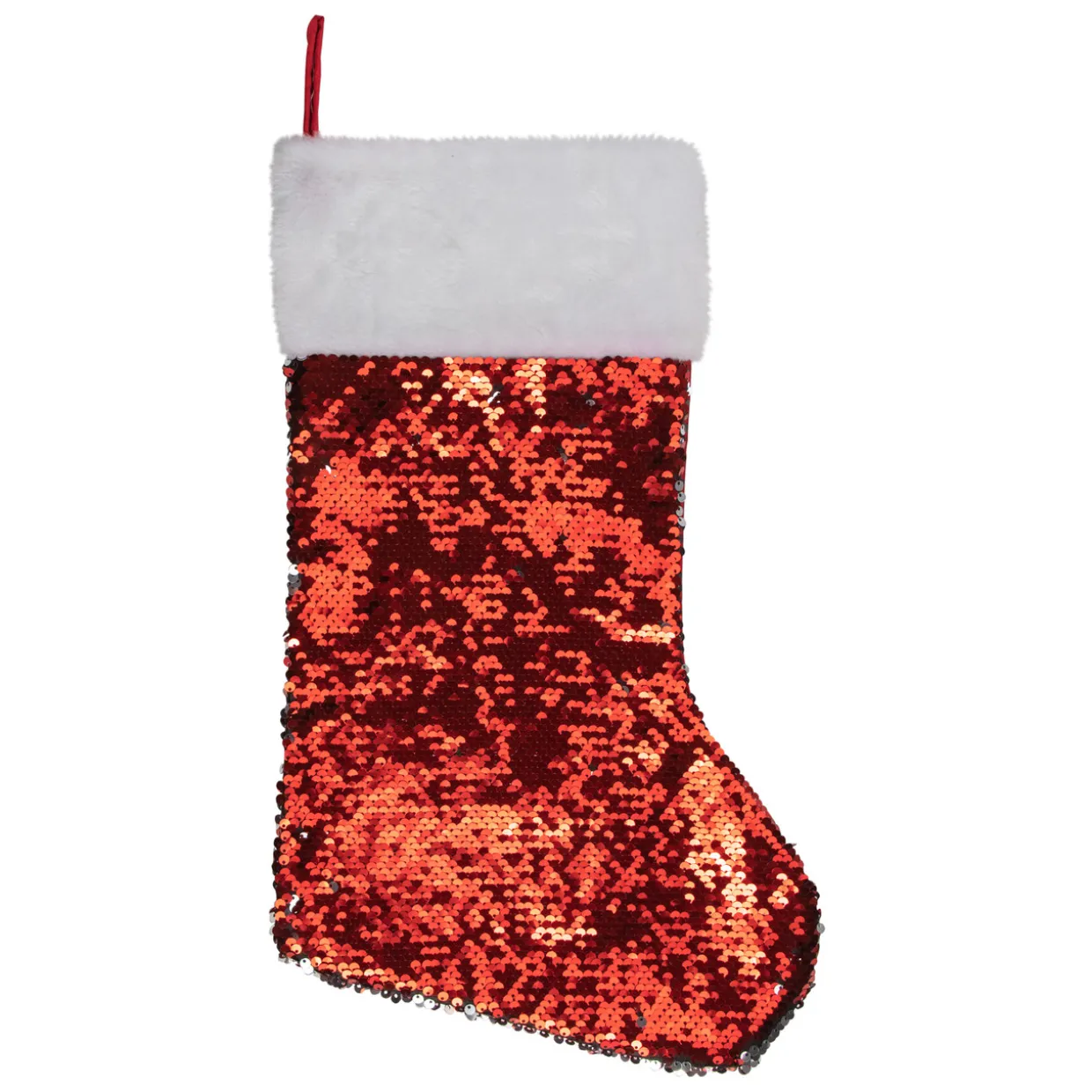 19" Red and Silver Sequin Christmas Stocking With White Faux Fur Cuff
