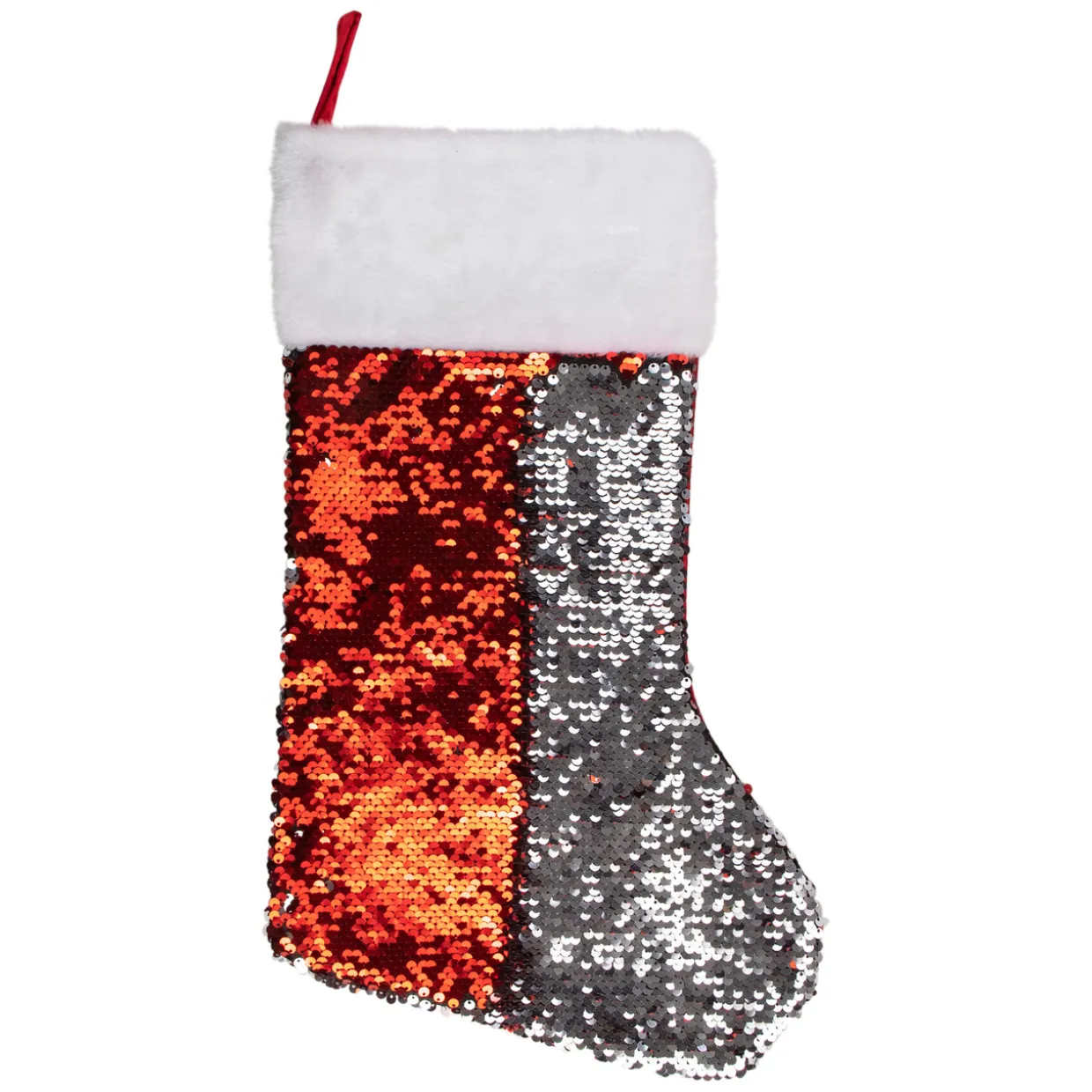 19" Red and Silver Sequin Christmas Stocking With White Faux Fur Cuff