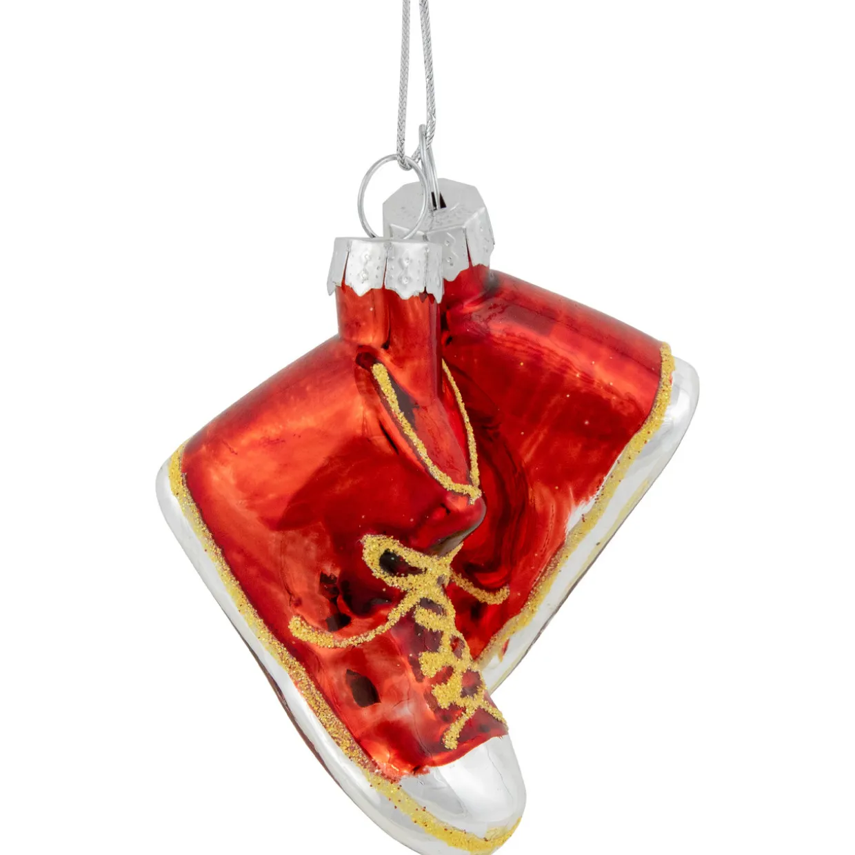 2.25" Red and Silver Sneakers Glass Christmas Hanging Ornament