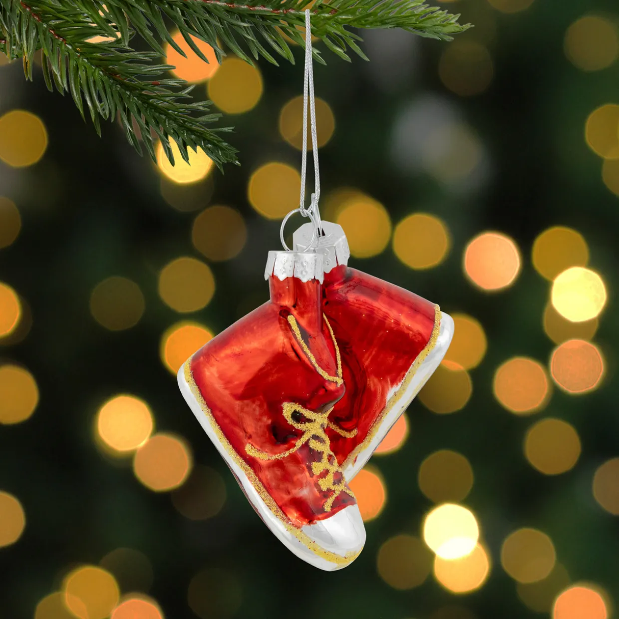 2.25" Red and Silver Sneakers Glass Christmas Hanging Ornament