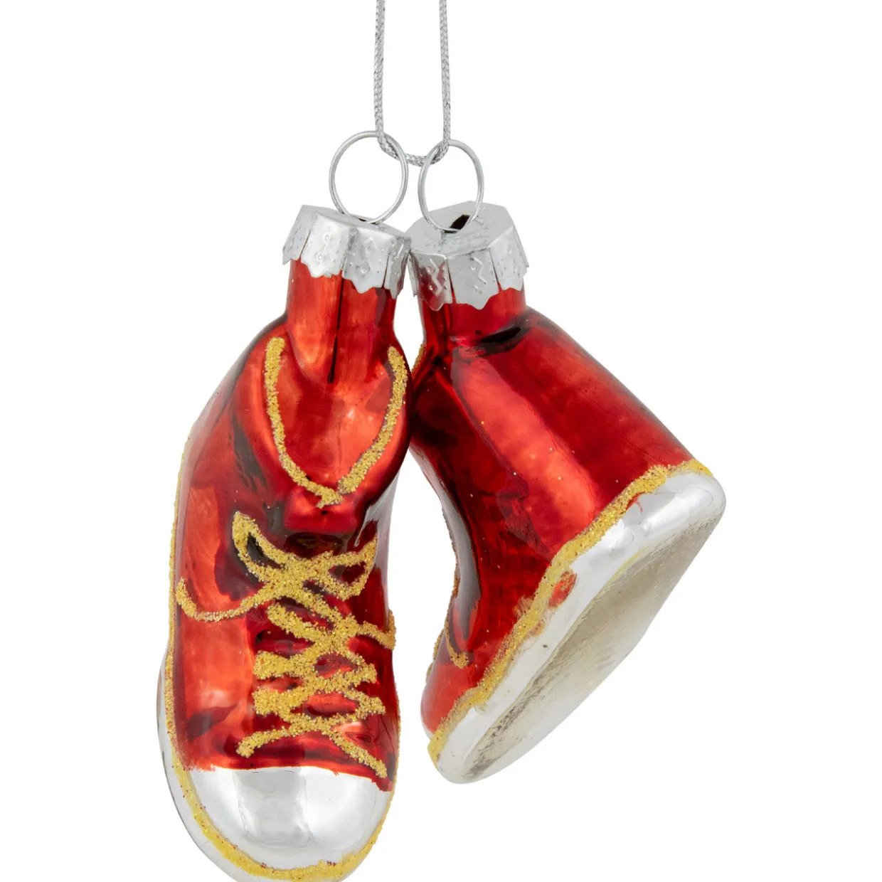 2.25" Red and Silver Sneakers Glass Christmas Hanging Ornament
