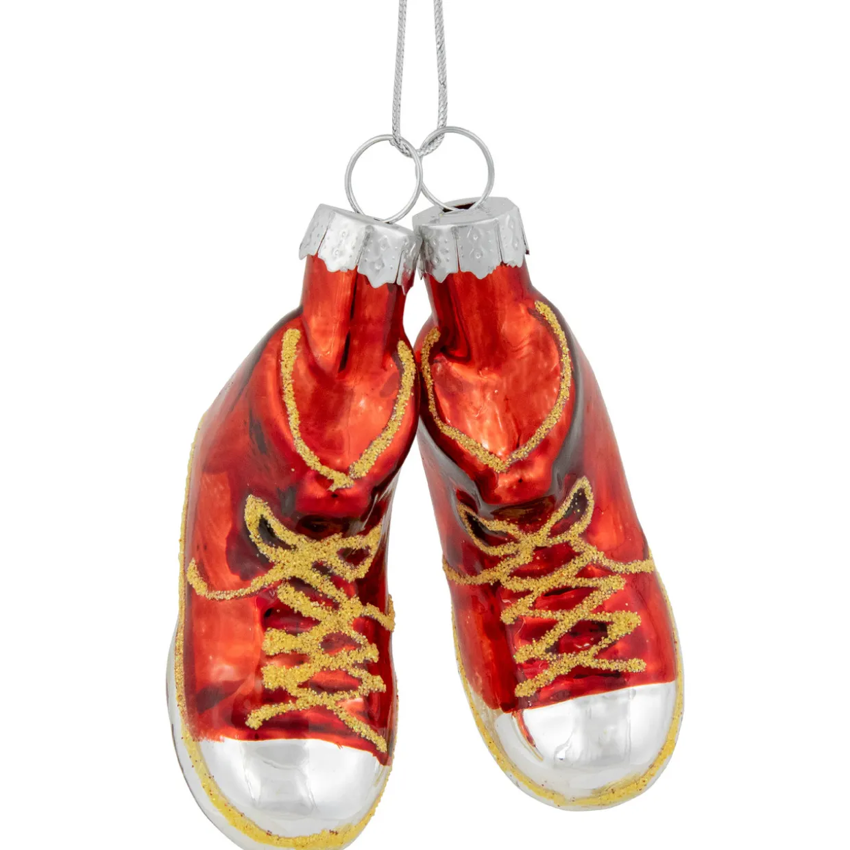 2.25" Red and Silver Sneakers Glass Christmas Hanging Ornament