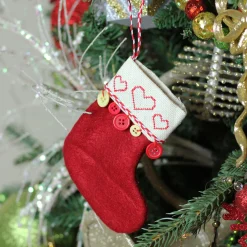 6.5" Red and Tan Embroidered Hearts and Buttons Christmas Stocking Ornament