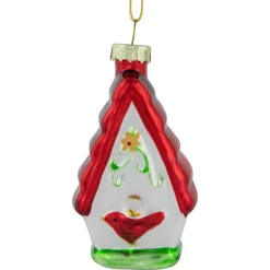 3.25" Red and White Birdhouse with Cardinal Glass Christmas Ornament