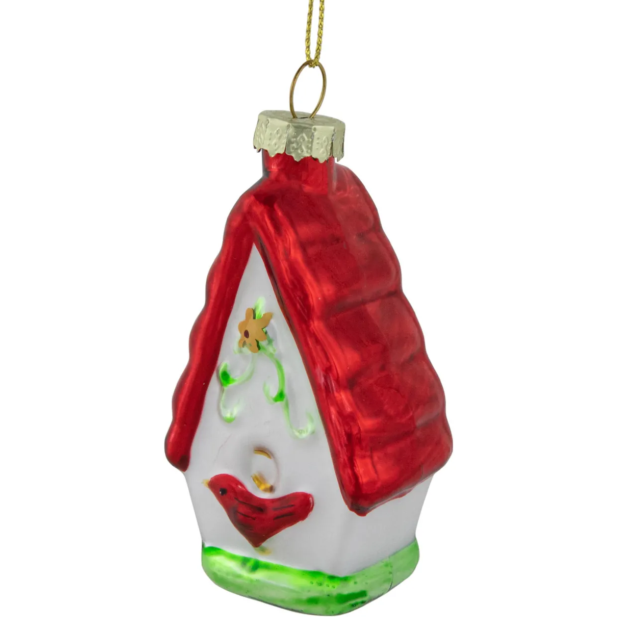 3.25" Red and White Birdhouse with Cardinal Glass Christmas Ornament