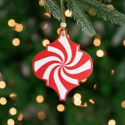 4.5" Red and White Candy Cane Swirl Bauble Wooden Christmas Ornament