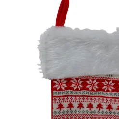 19" Red and White Deer and Snowflake Knit Christmas Stocking with Faux Fur Cuff