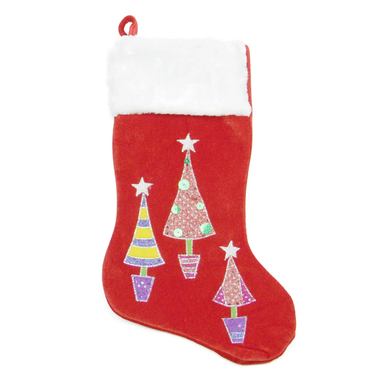 20" Red and White Embroidered Velveteen Cuff Christmas Tree Stocking
