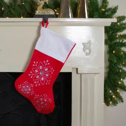 19" Red and White Felt Christmas Stocking with Glitter Snowflakes and Gemstones