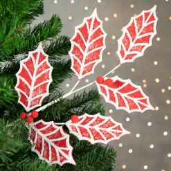 26" Red and White Frosted Holly Christmas Spray
