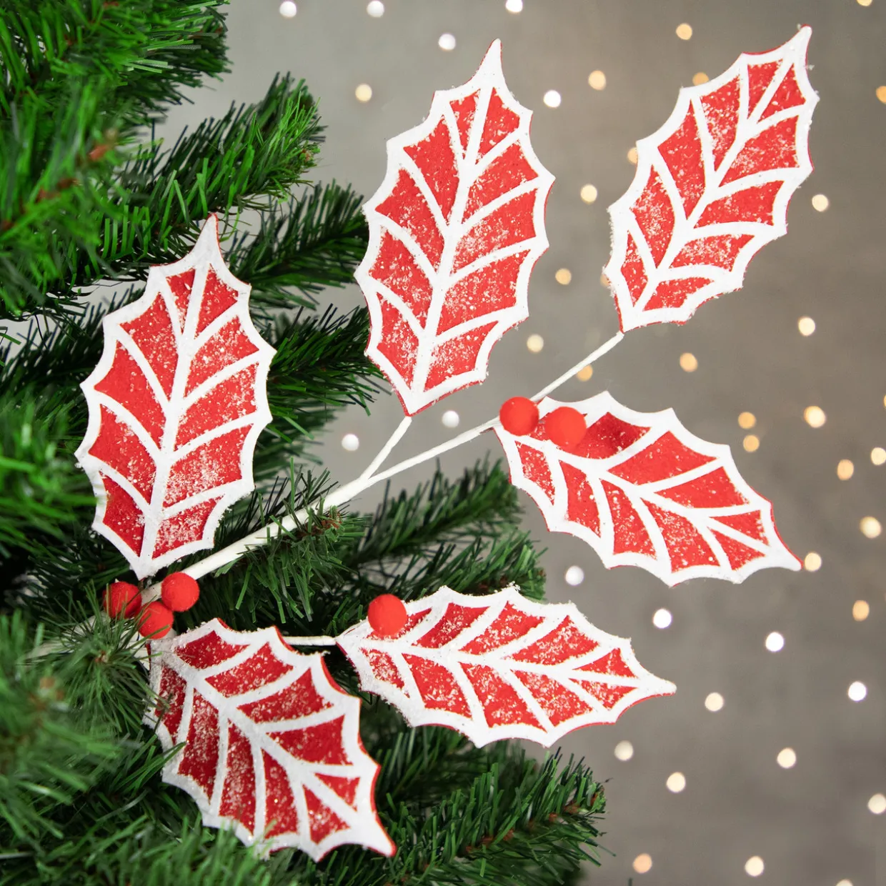 26" Red and White Frosted Holly Christmas Spray